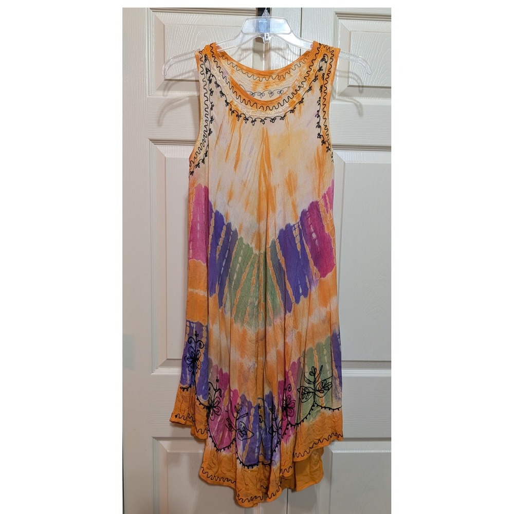 Boho Embroidered Tie Dye High Low Sleeveless Tunic Dress Orange Purple Multi OS